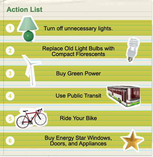 Turn off unnecessary lights. Replace old lightbulbs with compact fluorescents.Buy green power. Use public transit. Ride your bike. Buy Energy Star windows, doors, and appliances.