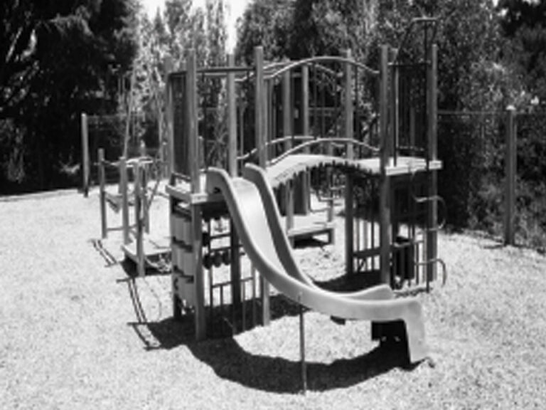 Black and White photo of a sunny child's playground with a curved slide and an arched bridge between two platforms.