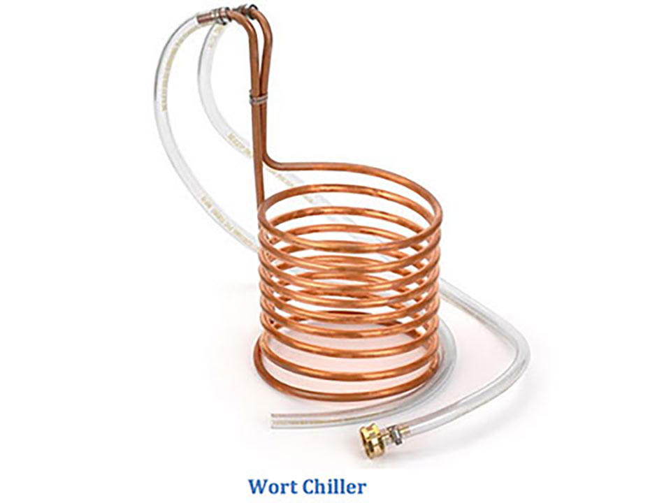 A copper tube that is in a coil with both ends of the copper tubing at the top. The bottom tubing comes up the backside of the coil. Two plastic hoses are connected to either end of the copper tubbing. At the bottom of the image is the text Wort Chiller in blue.