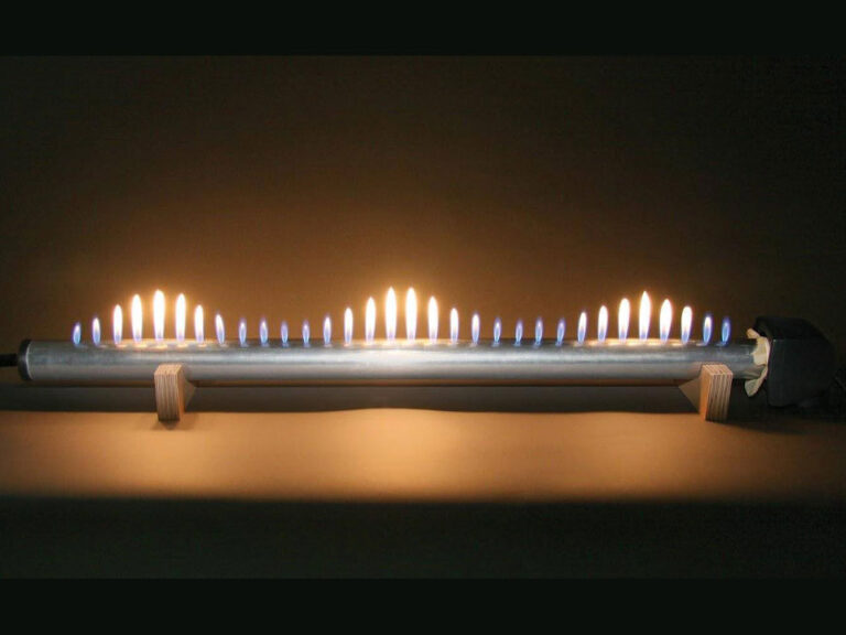 Image shows a lit Ruben's Tube a device that uses flame to visualize sound. This is a silver tube held in a wooden cradle on the upper side of the tube a row of flames of varying heights make a wave pattern.