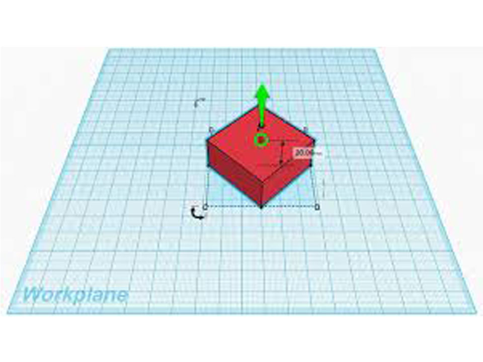 Screenshot of a red cube on a blue workplane in Tinkercad. The cube has an orientation grid and a green arrow at the top.