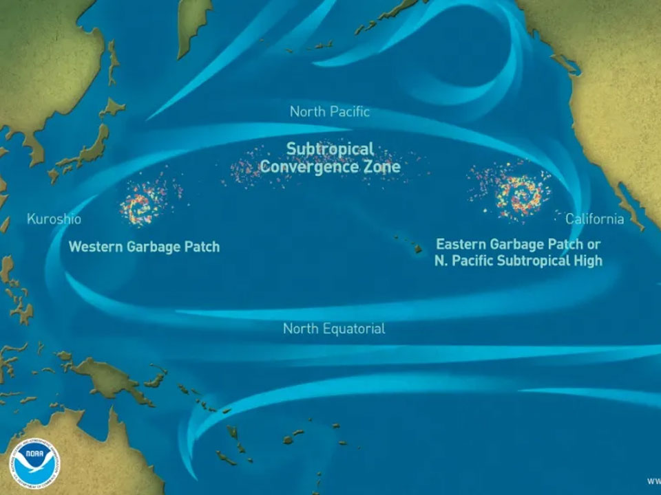 Graphic of the Pacific garbage patches with major currents and the subtropical convergence zone. Image Description under the Featured Image Description Heading.