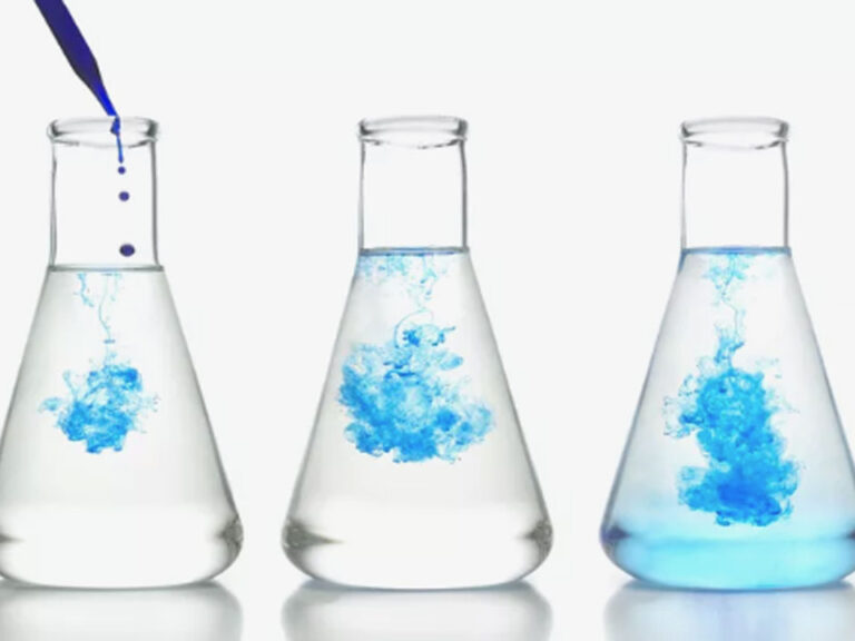 Three beakers filled with clear liquid. The left most beaker has an eyedropper in the opening filled with dark blue liquid. Each beaker shows more advanced state of the blue liquid dissolving into the clear liquid.