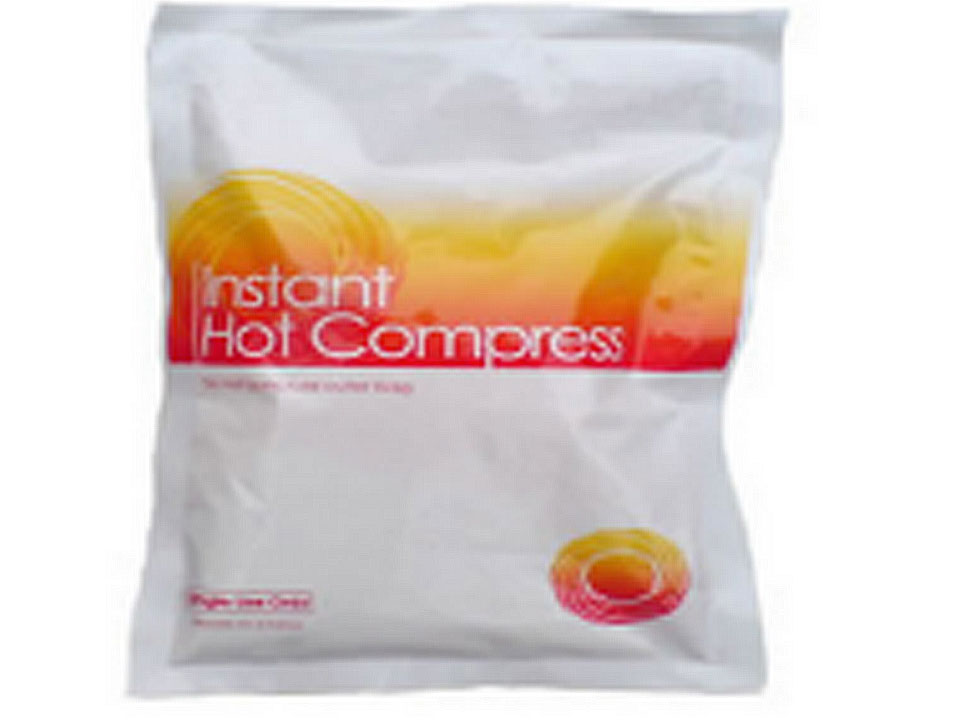 Picture of an Instant Hot Compress Pack. Across the middle is a orange to red gradient with an orange to red swirl logo and the white text "Instant Hot Compress" red text below is unreadable.