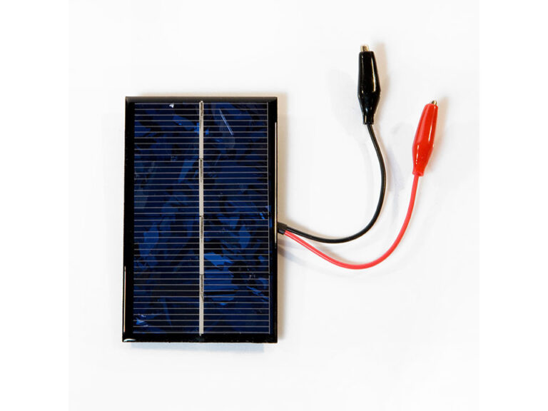 A 2 Volt solar panel with red and black alligator clips