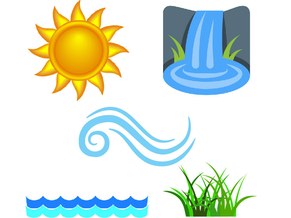 Clip art graphics of the Sun, a waterfall, the wind, wavy water, and grass