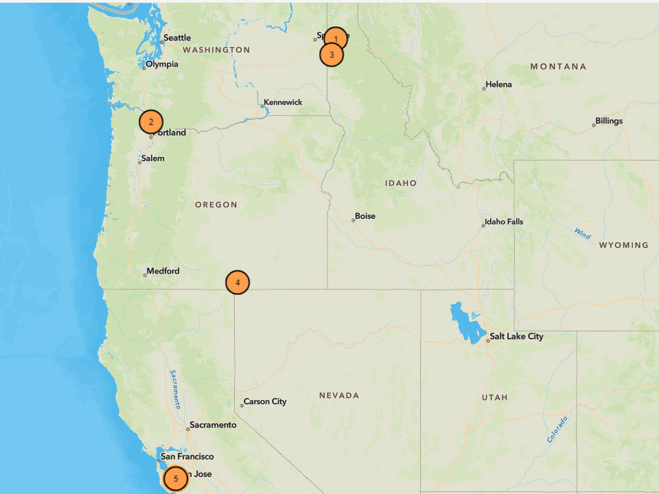 Map showing Clean Energy Fellows of the PNW Power Grid Cohort in 2021-2022. 1&3 in North Idaho, 2 North of Portland Oregon, and 4 is on the Oregon-Nevada-California Border, 5 is in San Jose CA