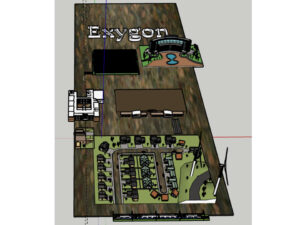 Computer generated graphic of a student town called Exygon (labeled at the top). A wall like building with a pond is at the top next to a black square structure. Below that is a white and brown multi-story building next to a brown building. Then a subdivision with wind turbines and light rail.