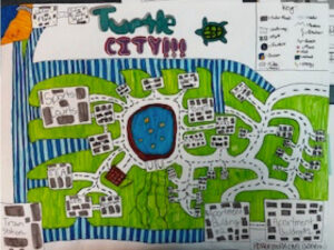 Photo of a poster of "Turtle City" a green landmass in roughly the shape of a turtle has many clusters of structures connected by roads around a central pond. Most labels can not be read. 