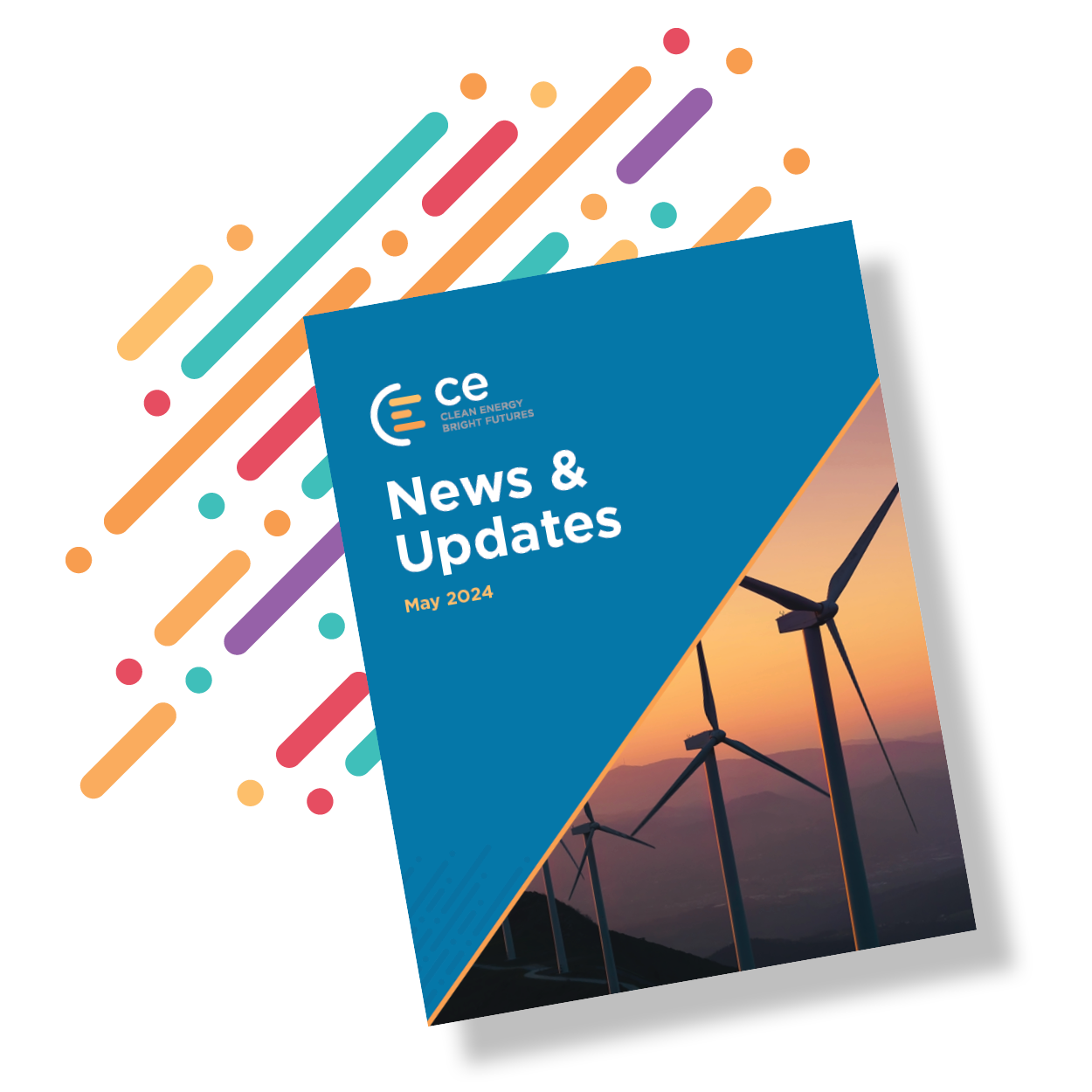 Image of newsletter cover, the top left half is blue with the CE logo and the text "News and Updates" with the bottom right half has an image of 3 wind turbine with an orange sky.