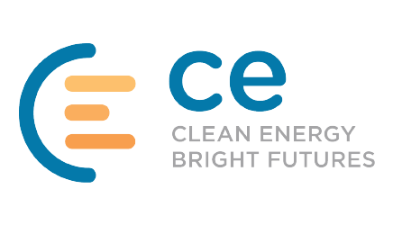 CE - Clean Energy. Bright Futures logo. Blue half circle with three orange lines coming from the center and coming out the open right side. the letters ce in blue. Below the letters "CLEAN ENERGY. BRIGHT FUTURES" is written in grey.