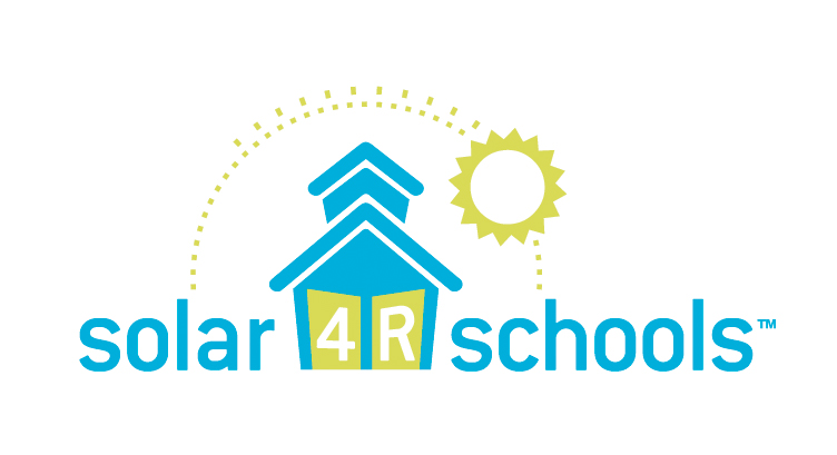 Solar 4R Schools logo. In light blue "solar" with a green dotted arch over a blue school graphic with green doors one that reads 4 and one that reads R in white. The arch has a green sun on the right side before meeting the light blue word schools.